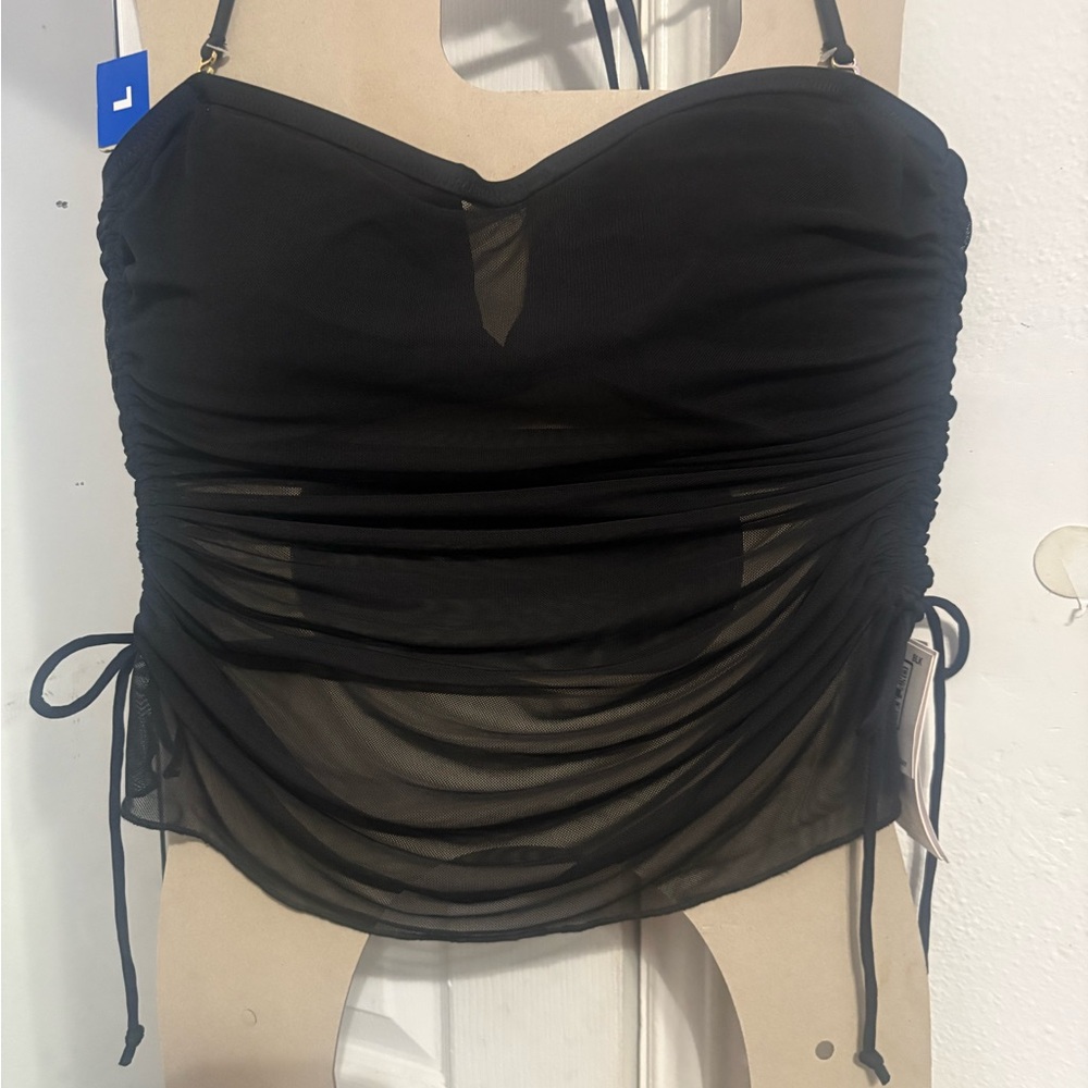 Black Ruched Mesh adjustablel swimsuit Top